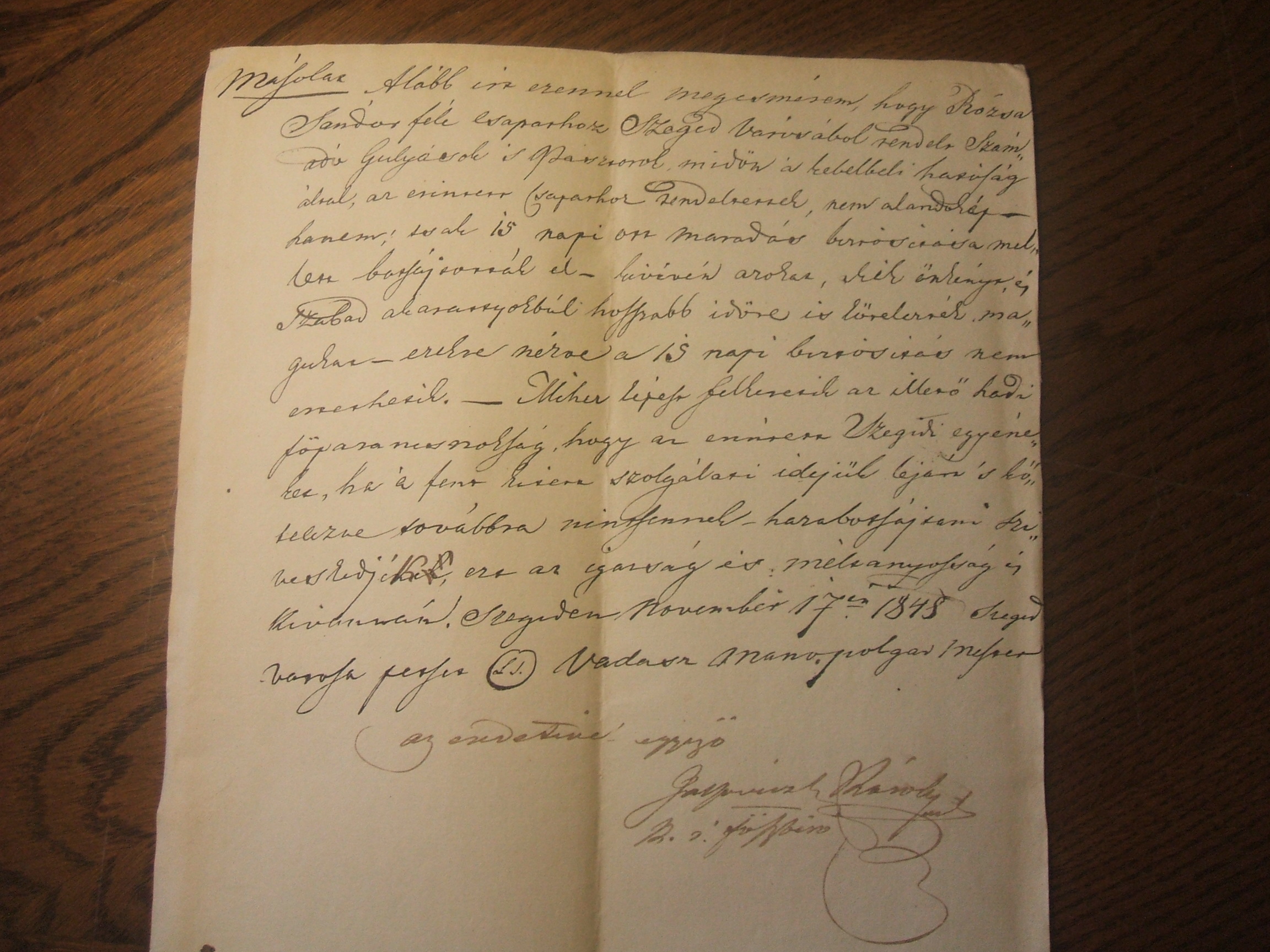 Vadász Manó szegedi polgármester levele a Rózsa-lovasok közé rendelt gulyások és pásztorok hazaküldéséről (Szeged, 1848. november 17.)